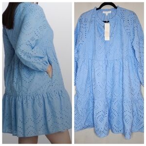 NWT Adyson Parker Blue Eyelet Cotton Tiered Long Sleeve Mini Dress Size XL